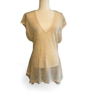 Cream colored Crochet V-Neck Swim Coverup